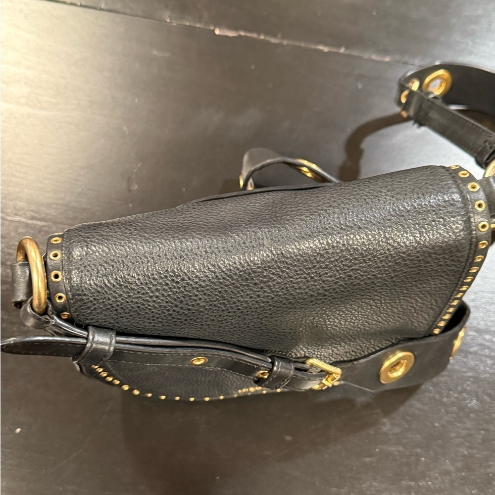 Michael Kors Brooklyn Black Gold Grommet Saddlebag Crossbody Purse Small - Picture 6 of 16